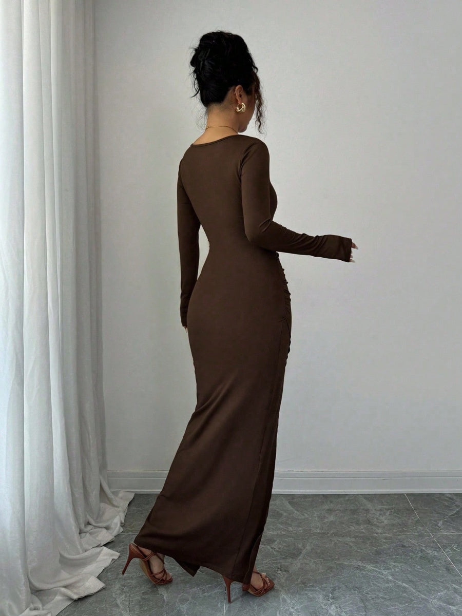 U-neck Knitting Long Sleeve Slit Maxi Dresses