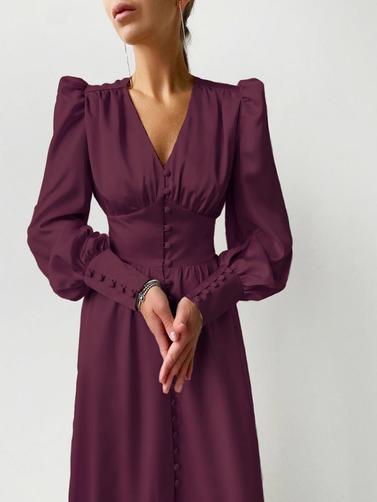 V-neck Satin Waist Retro Maxi Dresses