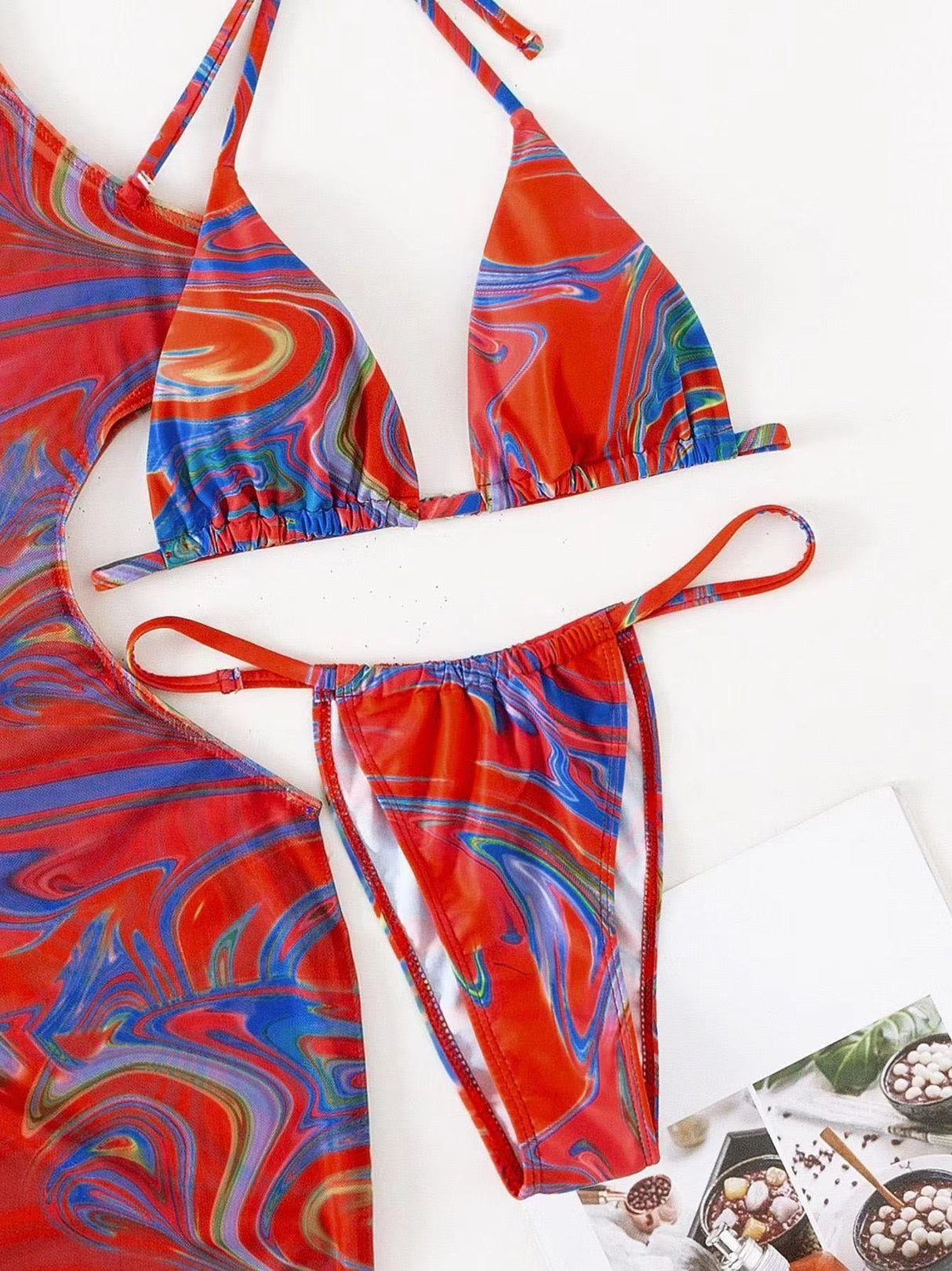 Hollow-out Drawstring Swimsuit Bikini Beach Cover-up Three-piece Set