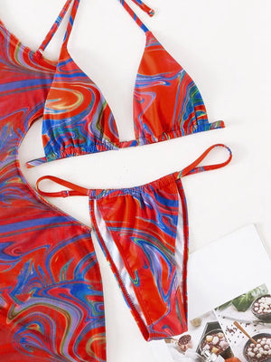 Hollow-out Drawstring Swimsuit Bikini Beach Cover-up Three-piece Set