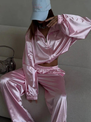 Zippered Loose Sweatshirt Jacket And Wide-Leg Pants Two-Piece Set