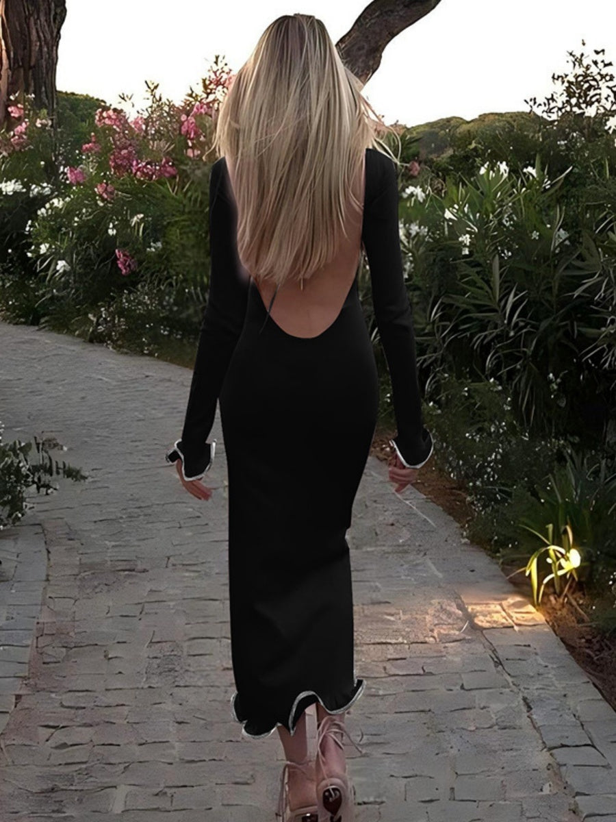 Backless Bell Sleeves Ruffled Skirt Knitting Sexy Color-blocked Long Dress