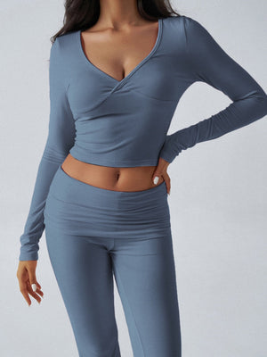 V-neck Long Sleeve Pants Pleated Navel Solid Color 2-piece Sets