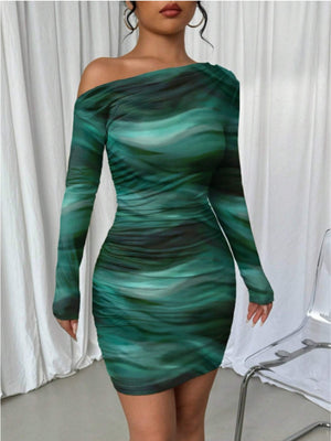 Pleated Slim-fit Hip-hugging Slant Collar Printed Mini&Short Dresses