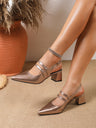 Metal Buckle Pointed Toe Open Back Chunky Heel Mary Jane Shoes