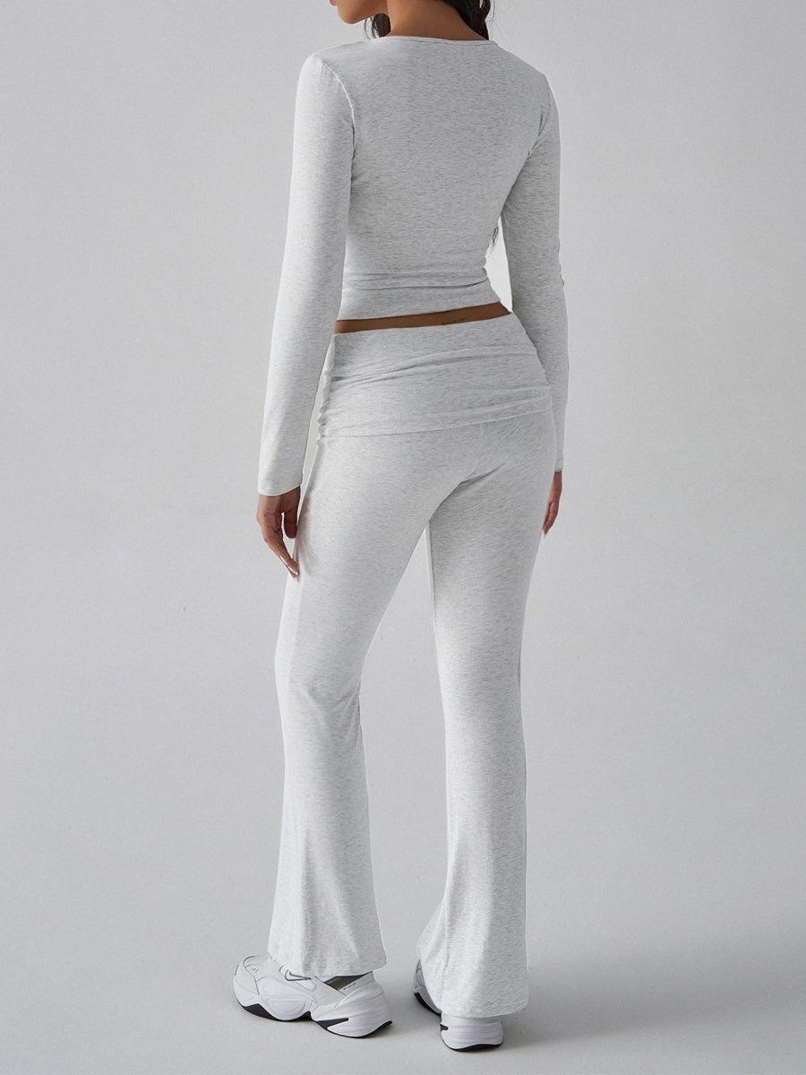 Leisure Navel Solid Color Long-sleeved Two-piece Suit