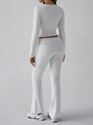 Leisure Navel Solid Color Long-sleeved Two-piece Suit