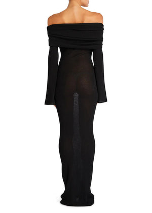 Long-sleeved Off-shoulder Pleated Knit Maxi Dress