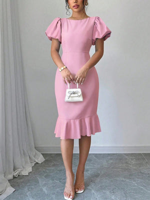 Round Neck Lantern Sleeve Ruffled Fishtail Midi Dress