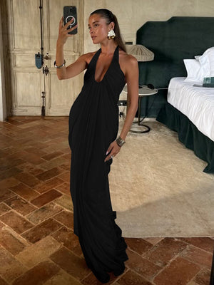 Loose-fitting, Backless, Sleeveless, V-neck, Pleated Halter-neck Mesh Long Dress