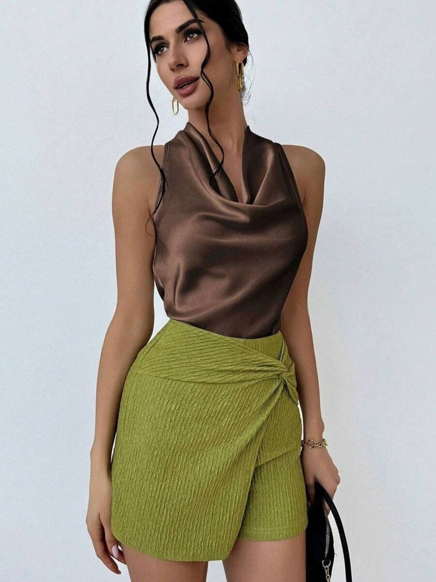 Pleats Solid Color Sexy Sleeveless Satin Satin Vest