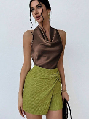 Pleats Solid Color Sexy Sleeveless Satin Satin Vest