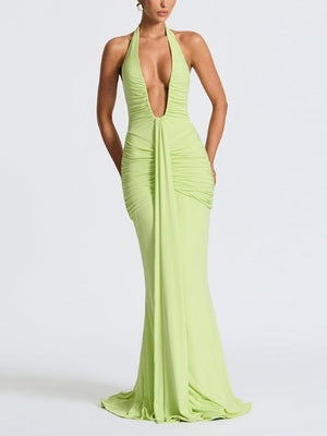 Halter Neck Deep V-neck Fitted Waist Long Dress Sexy Backless Ribbon Fishtail Long Dress