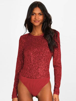 Long-sleeved, Slim-fit, Round Neck, Shimmering, Openwork Bodysuit