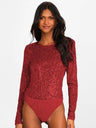 Long-sleeved, Slim-fit, Round Neck, Shimmering, Openwork Bodysuit