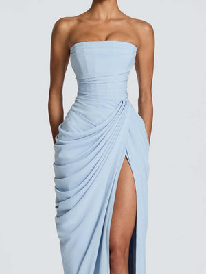 Asymmetrical Pleated Sexy High-slit Strapless Pleated Long Dress
