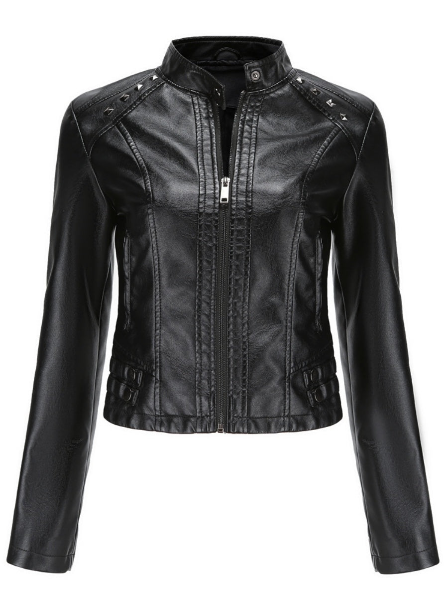 Studs Long Sleeve Stand Collar PU Leather Jackets
