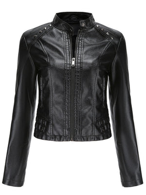 Studs Long Sleeve Stand Collar PU Leather Jackets
