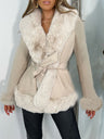 PU Leather Women's Leather Jacket With Large Fur Collar, Belted Waist, And Fitted Design; Long-sleeved Coat.