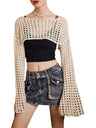 Liber Women's clothing women's tops mesh / see-through tops round neck short hollow autumn one-line neck