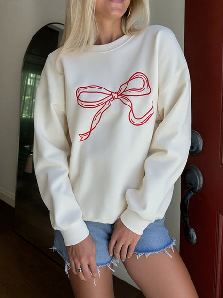 Women's Beige Bow Knot Pullover Sweatshirt