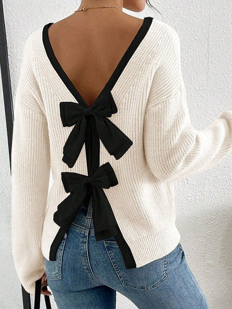 Bow Contrasting colors Backless Sweaters