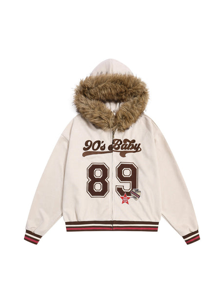 Retro Letter Embroidery Deerskin Fur Collar Plush Hooded Cardigan