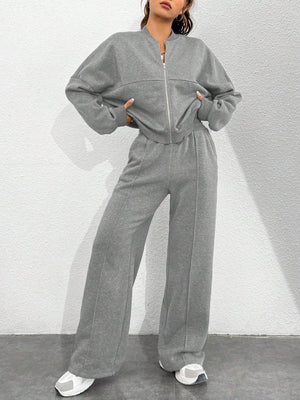 Sports And Leisure Solid Color Crew Neck Zipper 2-piece Sets