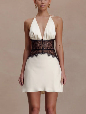 Spitzen-Perspektiv-Split-Detail-Satin-Maxikleider mit tiefem V-Ausschnitt