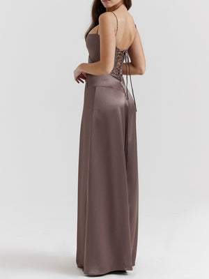 Satin-panel Spaghetti Strap Maxi Dress