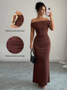 Off-shoulder Off Shoulder Pleated Metal Buckle Maxi Dresses