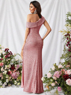 Sequined, Elegant, Asymmetrical Neckline, High Slit Long Dress