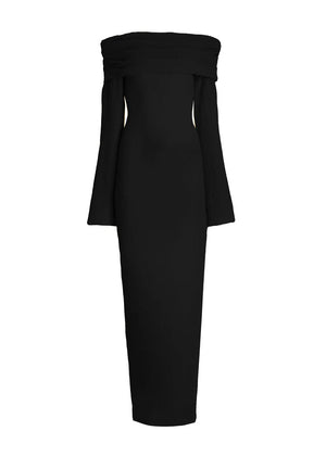 Long-sleeved Off-shoulder Pleated Knit Maxi Dress