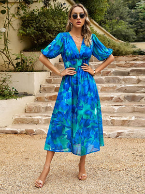 Waist-cinching Deep V-neck Floral Print Maxi Dresses