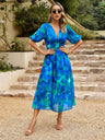 Waist-cinching Deep V-neck Floral Print Maxi Dresses