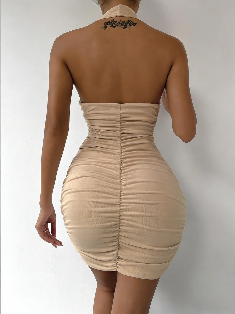 Deep V-neck Pleated Hip-hugging Backless Parties Mini&Short Dresses
