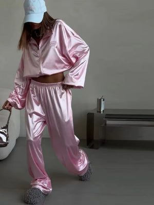 Zippered Loose Sweatshirt Jacket And Wide-Leg Pants Two-Piece Set