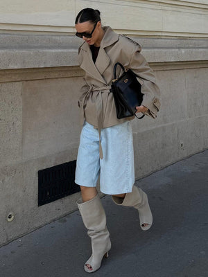 Khaki Long-sleeved Lapel Belted Trench Coat