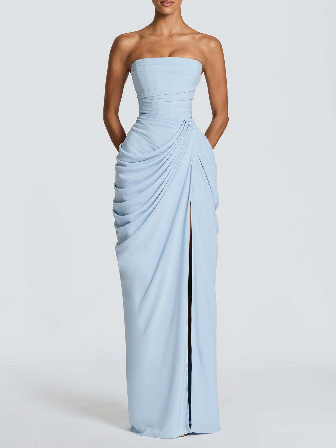 Asymmetrical Pleated Sexy High-slit Strapless Pleated Long Dress