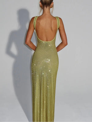 Sexy Double-strap Sequined Rhinestone Halter Top With Cinched Waist And Bodycon Silhouette Long Dress