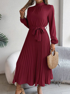 Stand Collar Long Sleeve Waist Pleats Midi Dresses