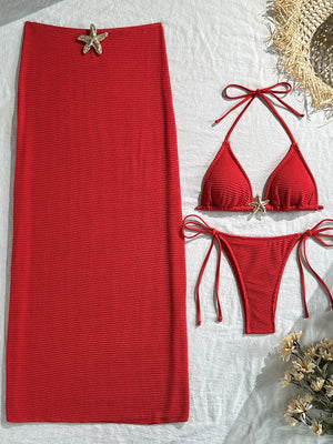 Solid Color Mesh Long Dress Starfish Swimsuit Bikini Three-piece Set