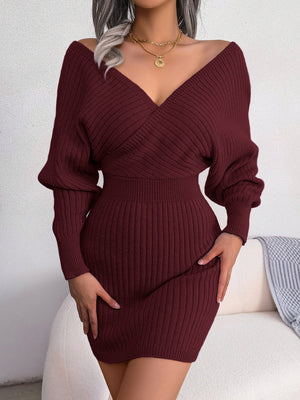 Cross V-neck Batwing Sleeves Hip-hugging Knitting Mini&Short Dresses