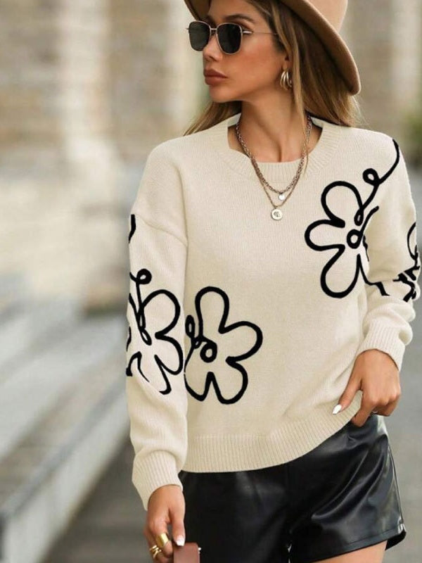 3D Effect Flower pattern Crew Neck Sweaters