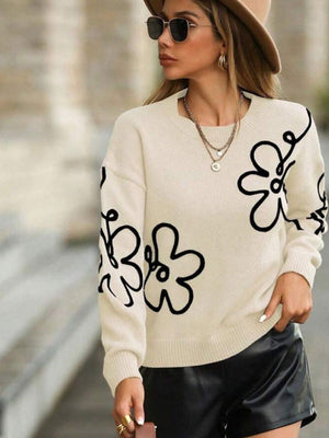 3D Effect Flower pattern Crew Neck Sweaters