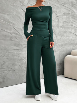 Leisure Pleated Solid Color Long Sleeve 2-piece Sets