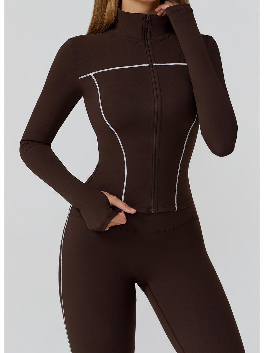 Veste de yoga bicolore en tissu brossé avec fermeture éclair, coupe-vent et ajustée
