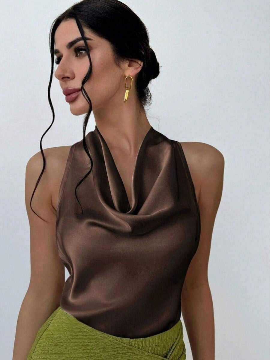 Pleats Solid Color Sexy Sleeveless Satin Satin Vest