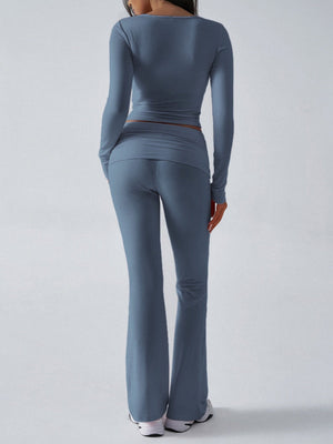 V-neck Long Sleeve Pants Pleated Navel Solid Color 2-piece Sets
