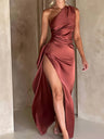 Sloping Shoulders Backless Satin High Fork Maxi Dresses
